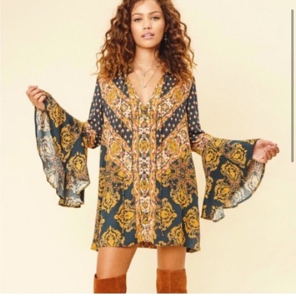 FREE PEOPLE Magic Mystery Blue Gold Coral Print Retro Bell Sleeve Tunic Mini - Picture 3 of 11